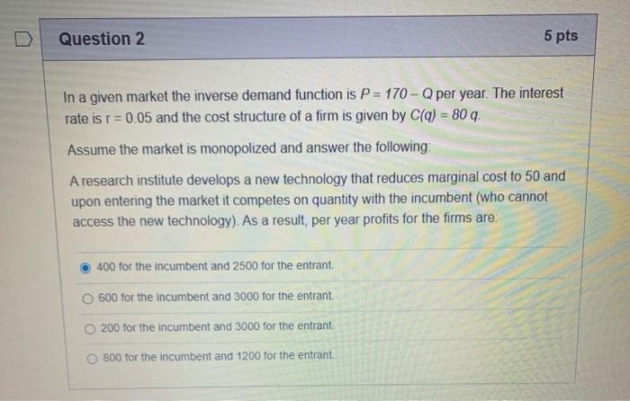 Solved Question 4 5 pts In a given market the inverse demand | Chegg.com
