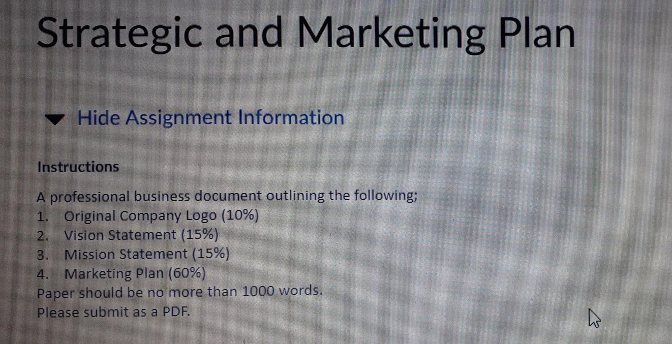 Solved Strategic and Marketing Plan Hide Assignment | Chegg.com