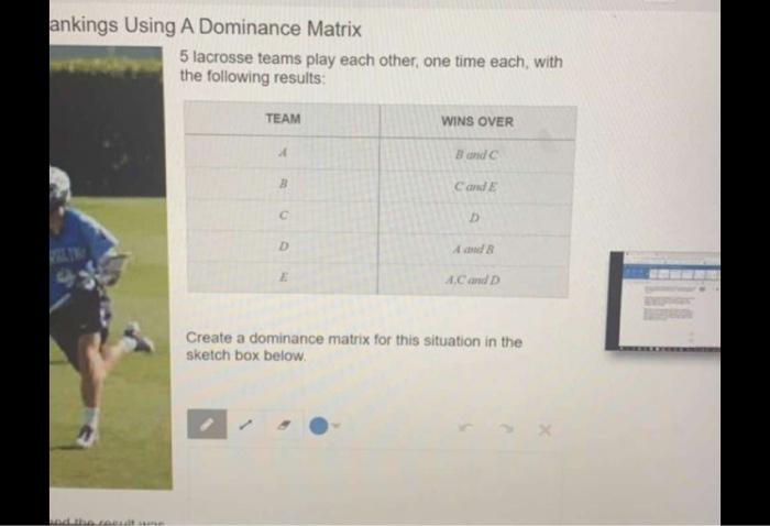 Solved ankings Using A Dominance Matrix 5 lacrosse teams | Chegg.com