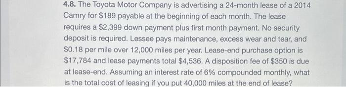 Solved 4.8. The Toyota Motor Company is advertising a | Chegg.com