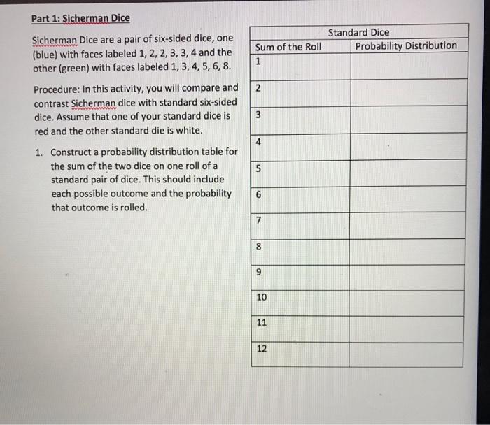 Solved Part 1 Sicherman Dice Standard Dice Probability