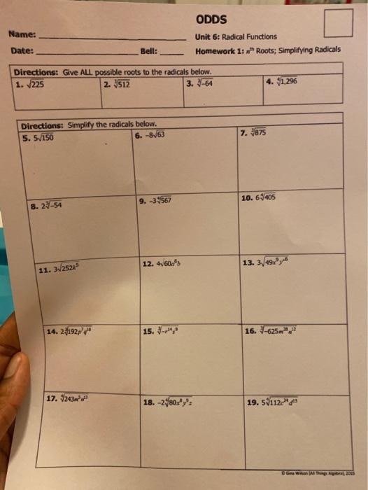 Odds Name Unit 6 Radical Functions Date Bell Chegg 