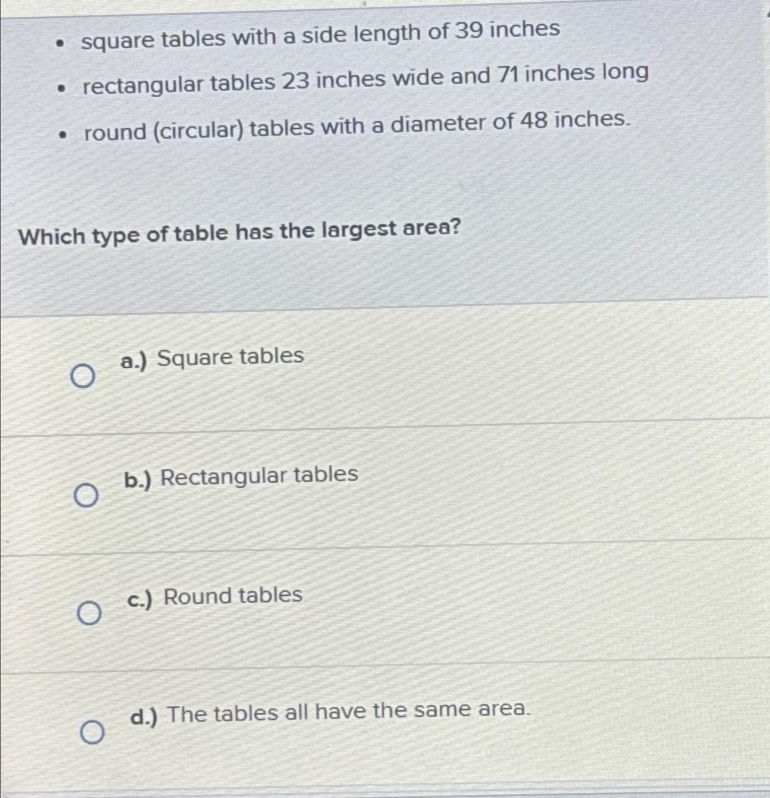 Solved square tables with a side length of 39 | Chegg.com