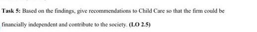 Task 5: Based on the findings, give recommendations to Child Care so that the firm could be
financially independent and contr