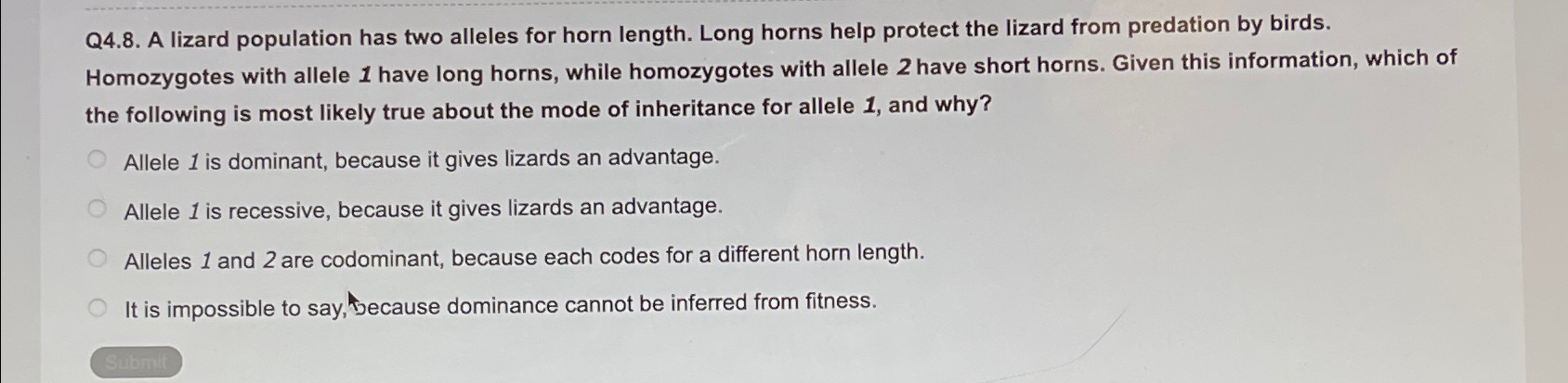 Solved Q4.8. ﻿A lizard population has two alleles for horn | Chegg.com