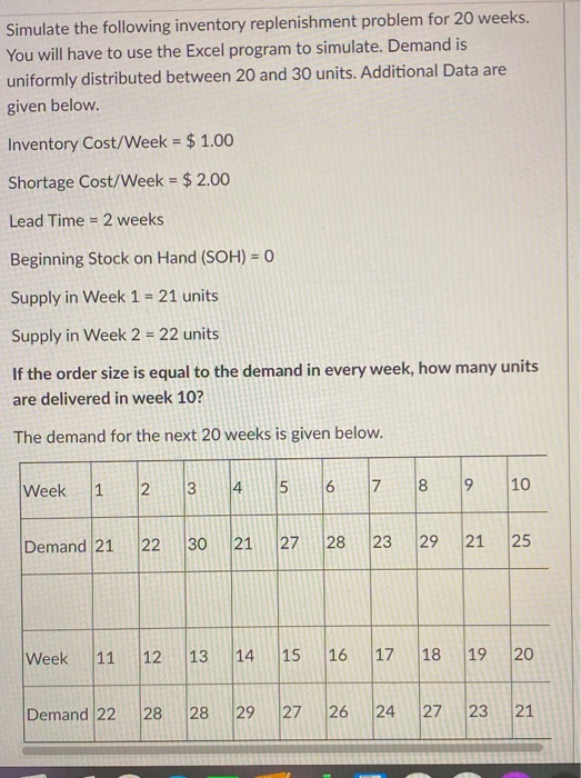 Solved Simulate the following inventory replenishment | Chegg.com