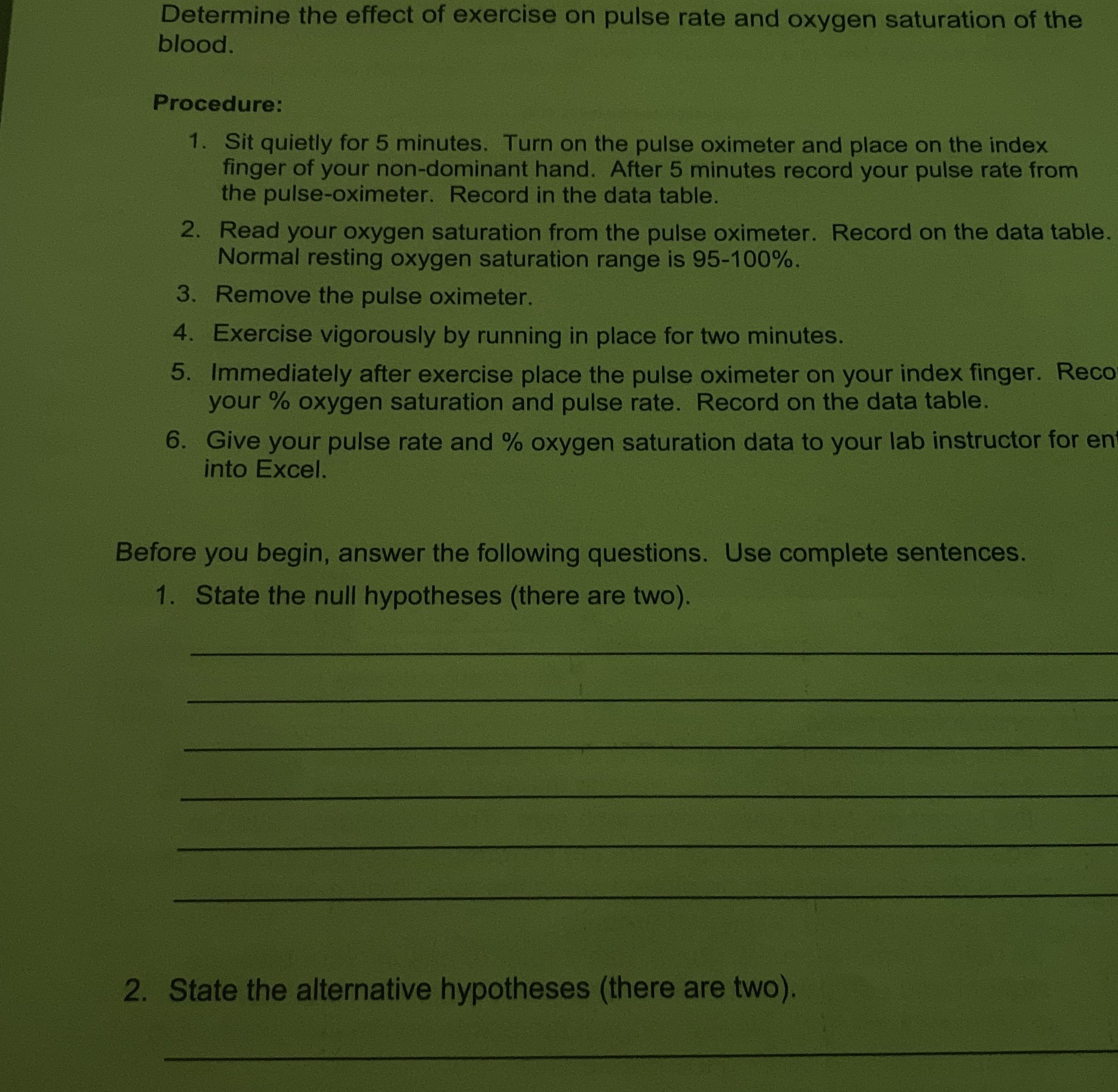 Solved Determine the effect of exercise on pulse rate and | Chegg.com