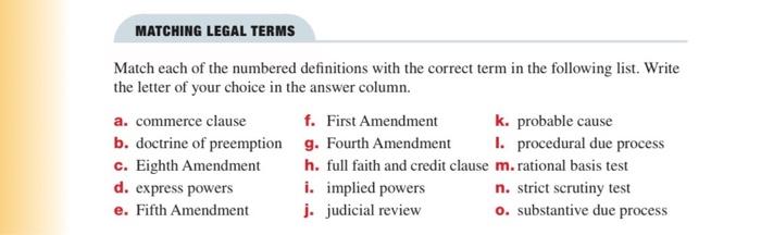 Solved MATCHING LEGAL TERMS Match each of the numbered | Chegg.com