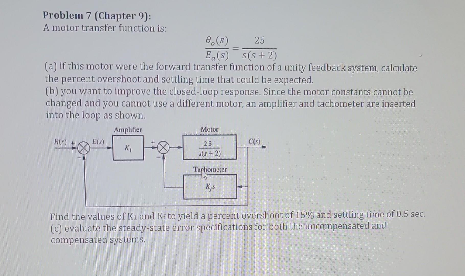 Solved Problem 7 (Chapter 9): A motor transfer function is: | Chegg.com