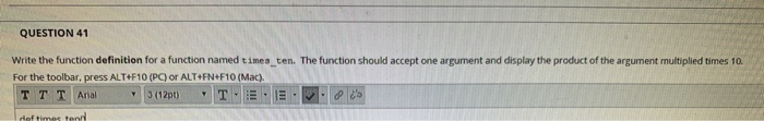 Solved QUESTION 41 Write the function definition for a | Chegg.com