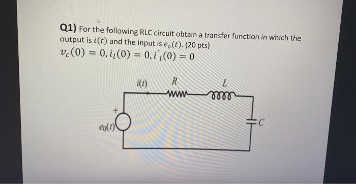 Solved Q1) For the following RLC circuit obtain a transfer | Chegg.com