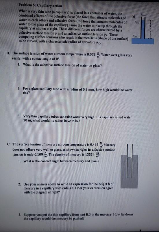 Solved (a) Problem 5: Capillary action When a very thin tube | Chegg.com