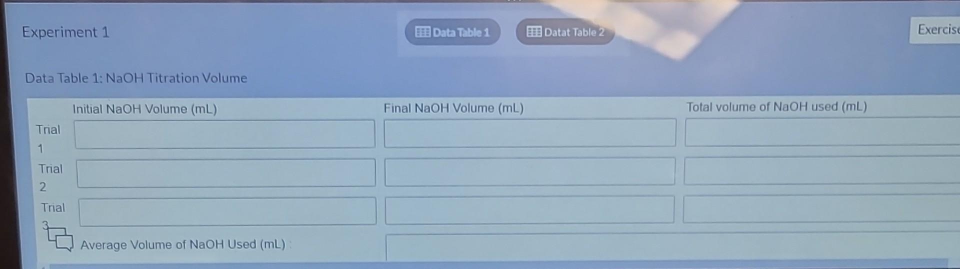 Experiment 1 Data Table 1 NaOH Titration