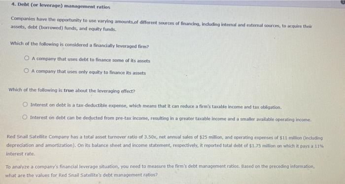 Solved 4. Debt (or Leverage) Management Ratios Companies | Chegg.com