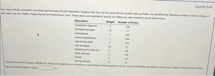 Each day, a Fed \( x \) competitor processes approximately 55,000 shipments. Suppose that they use the same Service Quality I