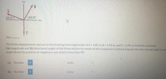 The three displacement vectors in the drawing have magnitudes of \( A=5.81 \mathrm{~m}, B=5.43 \mathrm{~m} \), and \( \mathrm