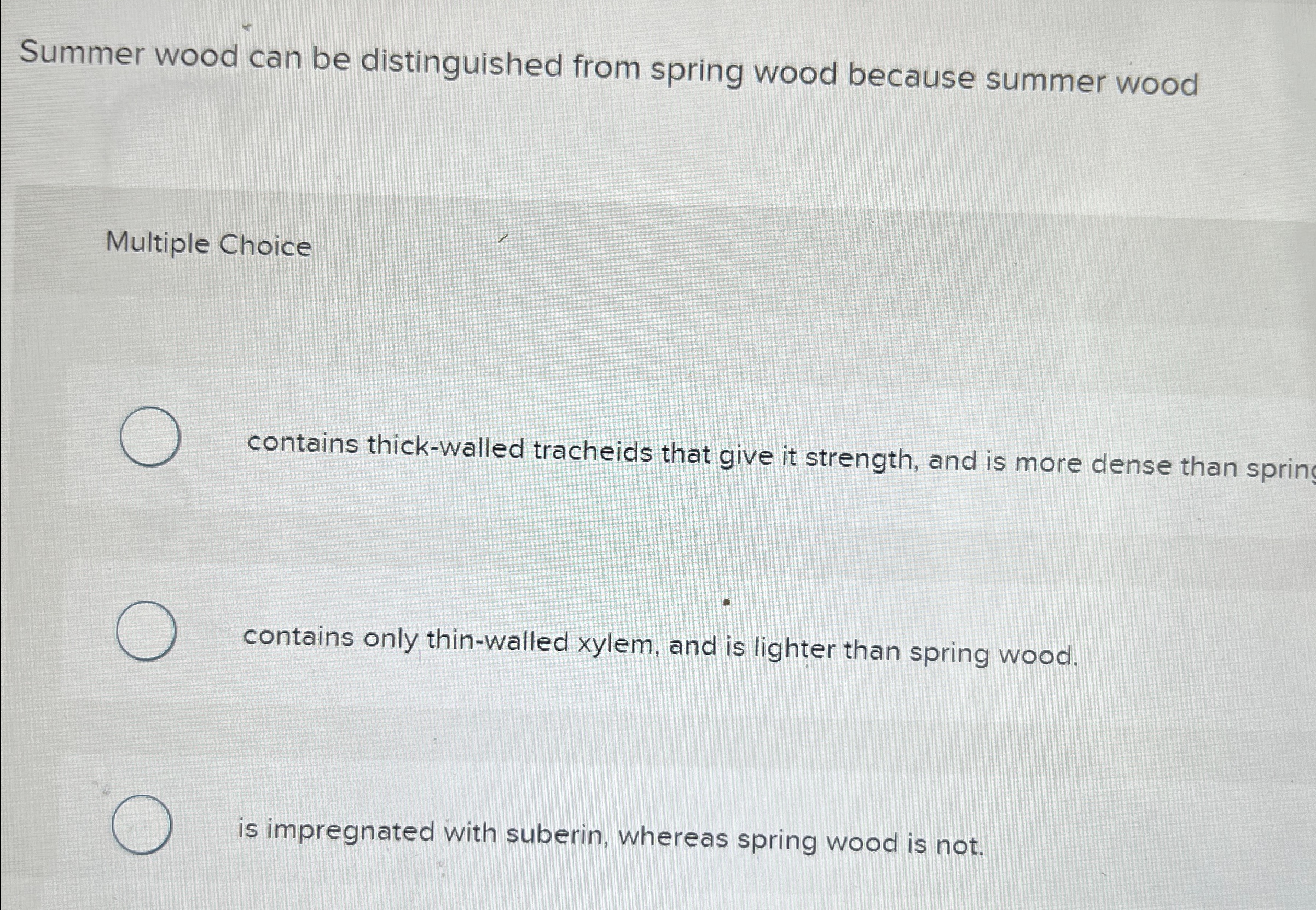 Solved Summer wood can be distinguished from spring wood | Chegg.com
