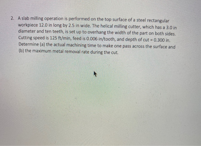 Solved 2. A slab milling operation is performed on the top
