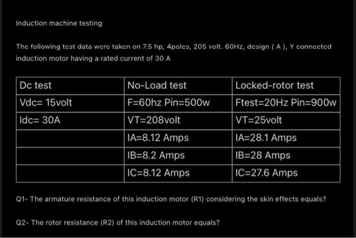 Solved Induction Machine Testing The Following Test Data | Chegg.com