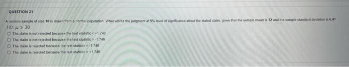Solved QUESTION 21 A random sample of size 18 ls drawn from | Chegg.com