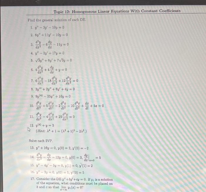 Solved Topic 12: Homogeneous Linear Equations With Constant | Chegg.com