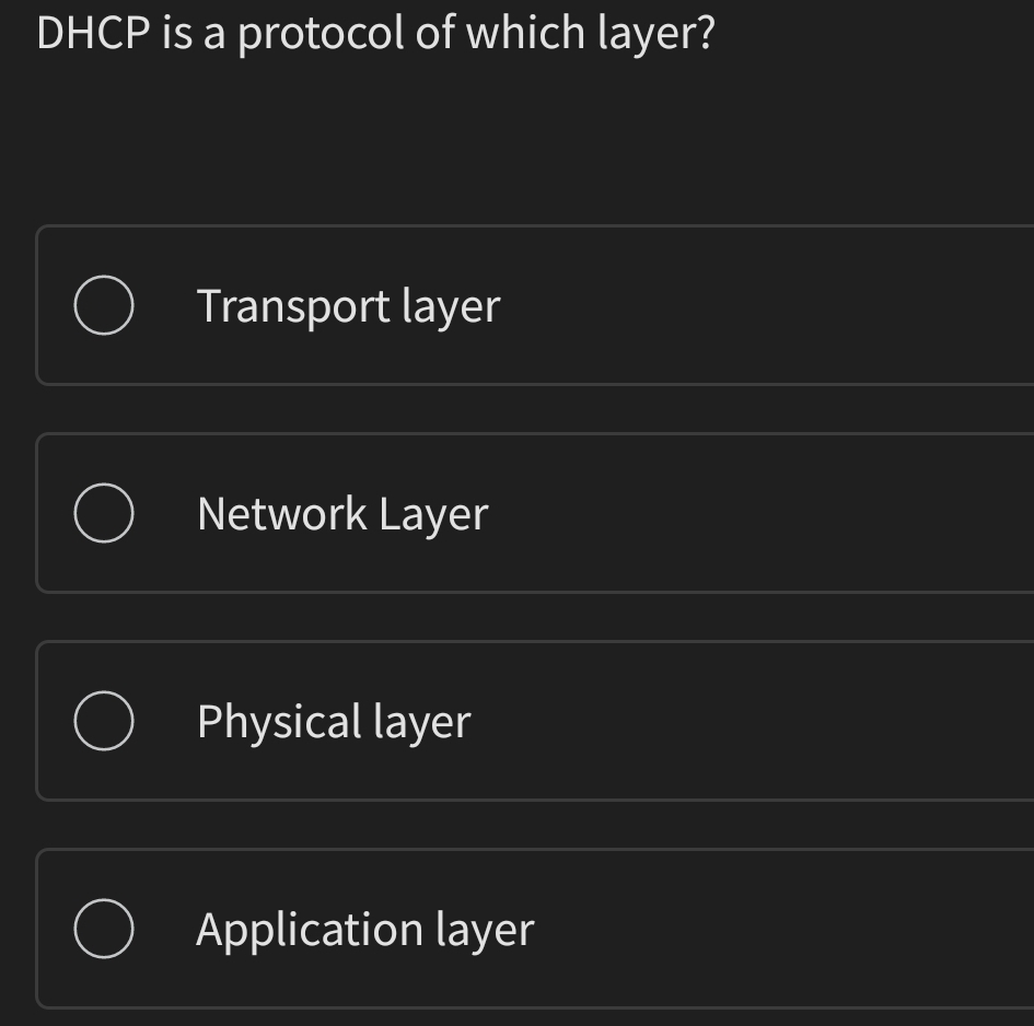 Solved DHCP is a protocol of which layer?Transport | Chegg.com