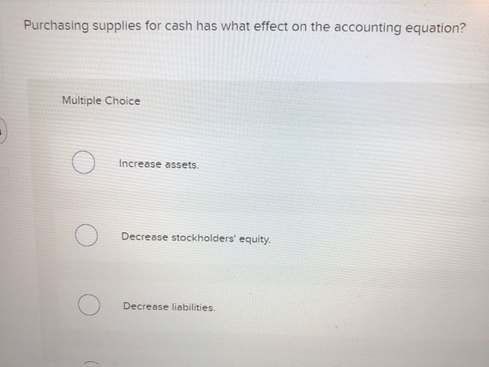 Solved Purchasing supplies for cash has what effect on the