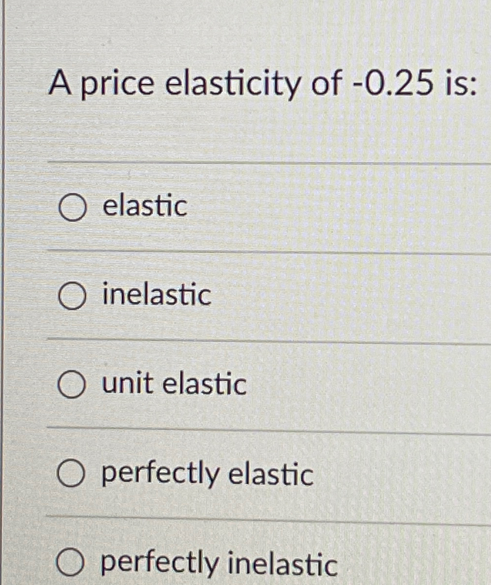 Solved A price elasticity of -0.25 ﻿is:elasticinelasticunit | Chegg.com