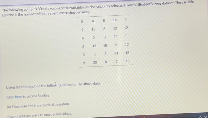 Solved The following contains 30 data values of the variable | Chegg.com