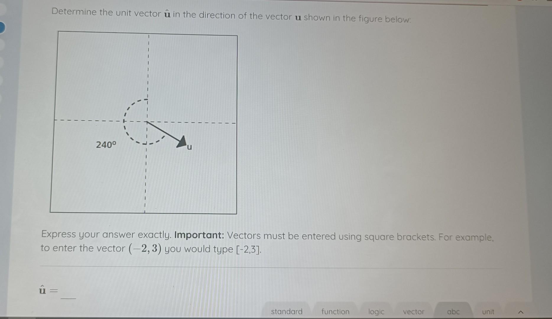 Determine the unit vector \( \hat{\mathbf{u}} \) in the direction of the vector \( \mathbf{u} \) shown in the figure below: E