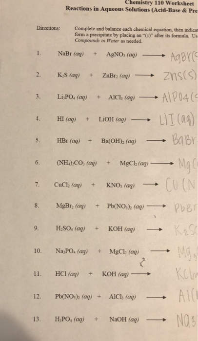 Solved Chemistry 110 Worksheet Reactions in Aqueous | Chegg.com