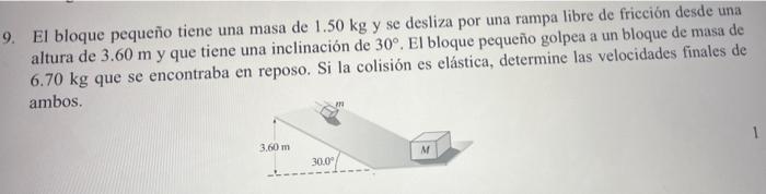 El bloque pequeño tiene una masa de \( 1.50 \mathrm{~kg} \) y se desliza por una rampa libre de fricción desde una altura de