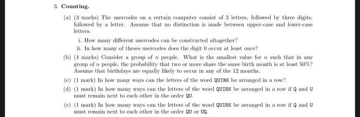 Solved (a) (3 marks) The usercodes on a certain computer | Chegg.com