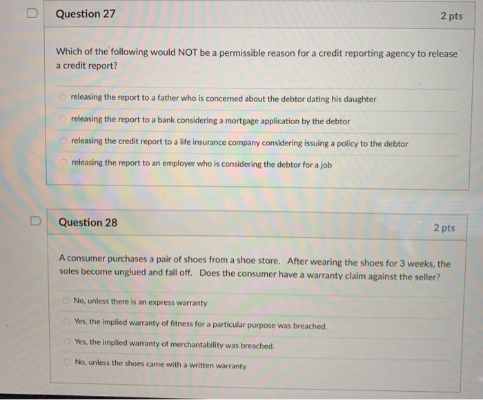 Solved Question 27 2 pts Which of the following would NOT be | Chegg.com