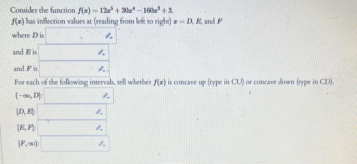 Solved Consider the function f(x)=12x5+30x4−160x3+3. f(x) | Chegg.com
