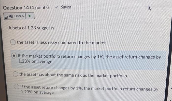 Solved Question 14 (4 points) Saved Listen A beta of 1.23 | Chegg.com