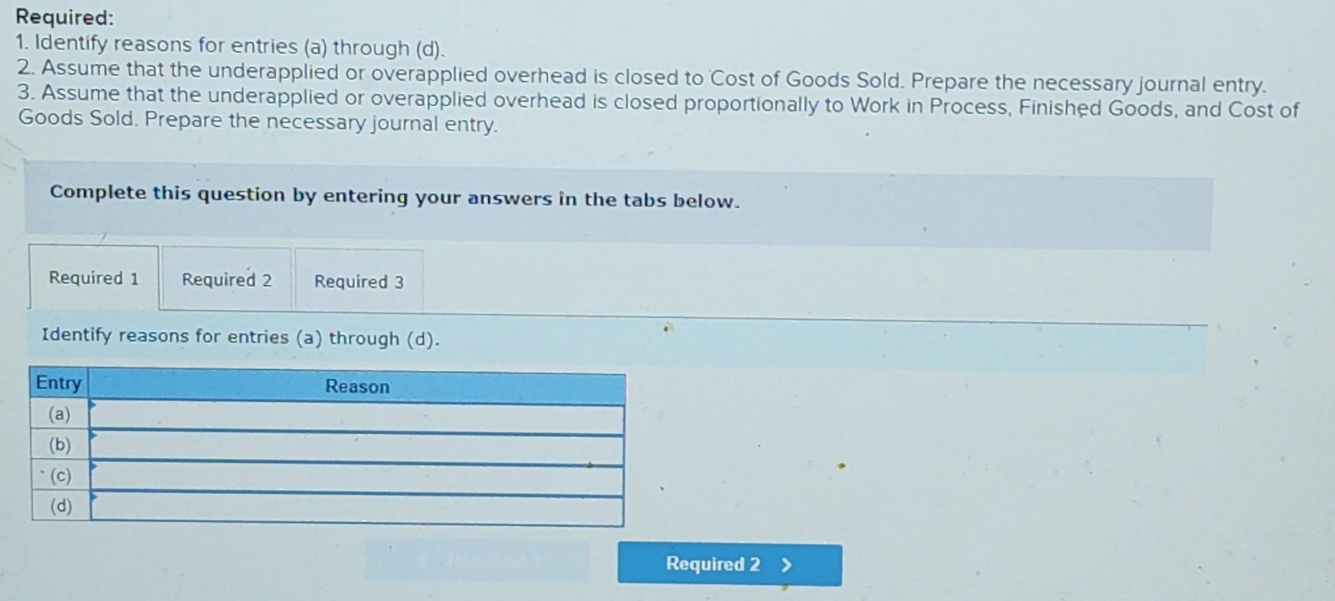 Required:
1. Identify reasons for entries (a) through (d).
2. Assume that the underapplied or overapplied overhead is closed