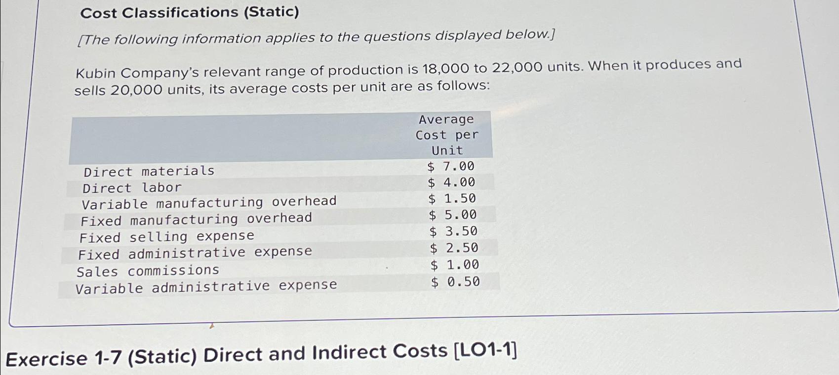 Cost Classifications (Static)[The following | Chegg.com