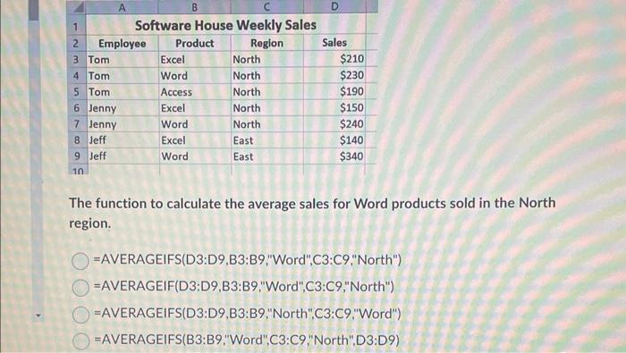 Solved The function to calculate the average sales for Word | Chegg.com