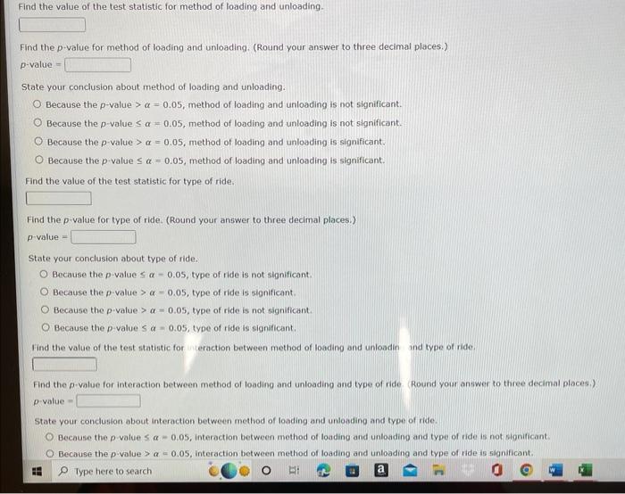 Solved a . value =Find the p-value for method of loading and | Chegg.com