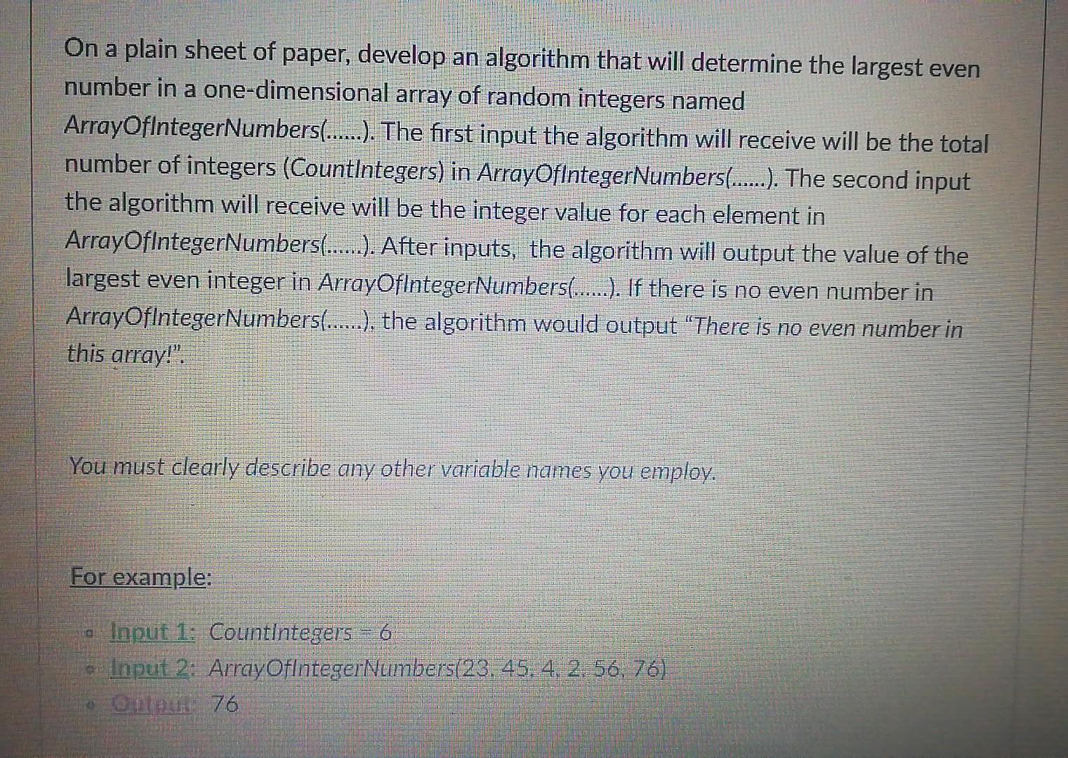 Solved On a plain sheet of paper, develop an algorithm that | Chegg.com