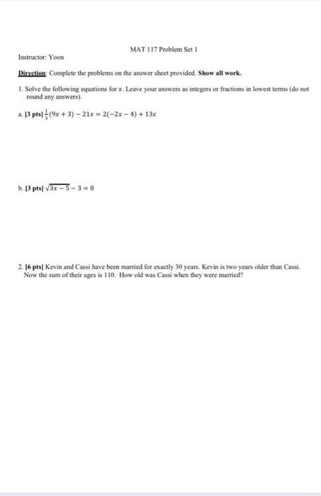 Solved MAT 117 Problem Set 1 Instructor: Yoon Direction | Chegg.com