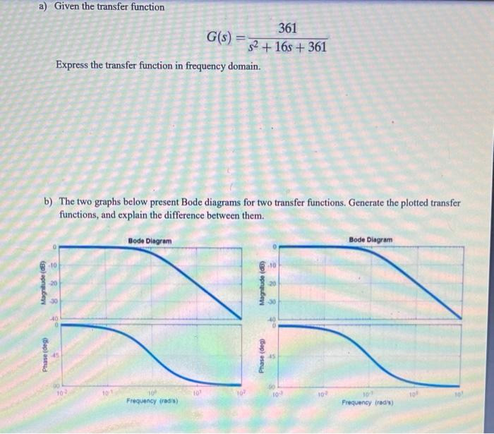 Solved a) Given the transfer function 361 G(s) 52 + 165 + | Chegg.com