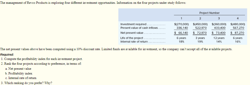 Solved The management of Revco Products is exploring four | Chegg.com