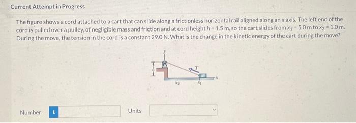 The figure shows a cord attached to a cart that can slide along a frictionless horizontal rail aligned along an \( x \) axis.