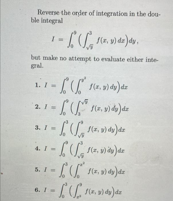 Solved reverse the order of integration in the double | Chegg.com
