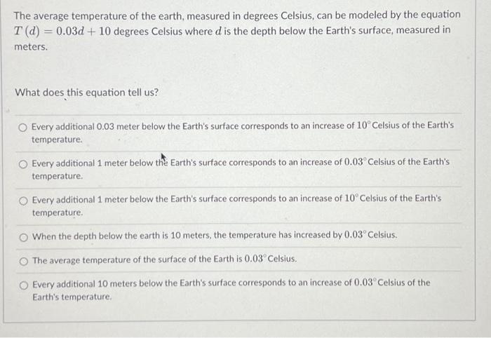Solved The average temperature of the earth, measured in | Chegg.com