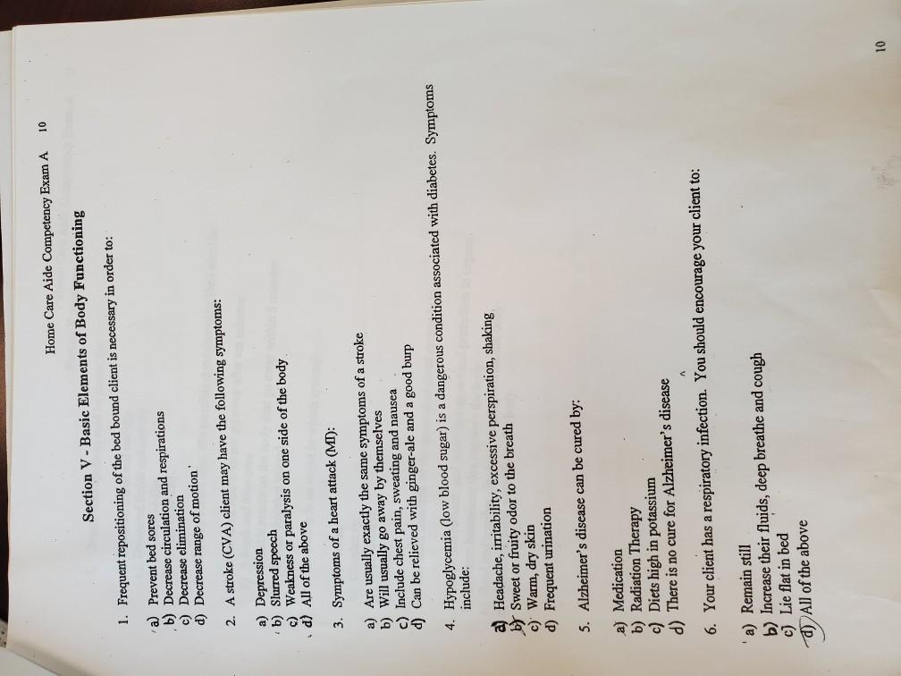 Home Care Aide Competency Exam A 2 Section I