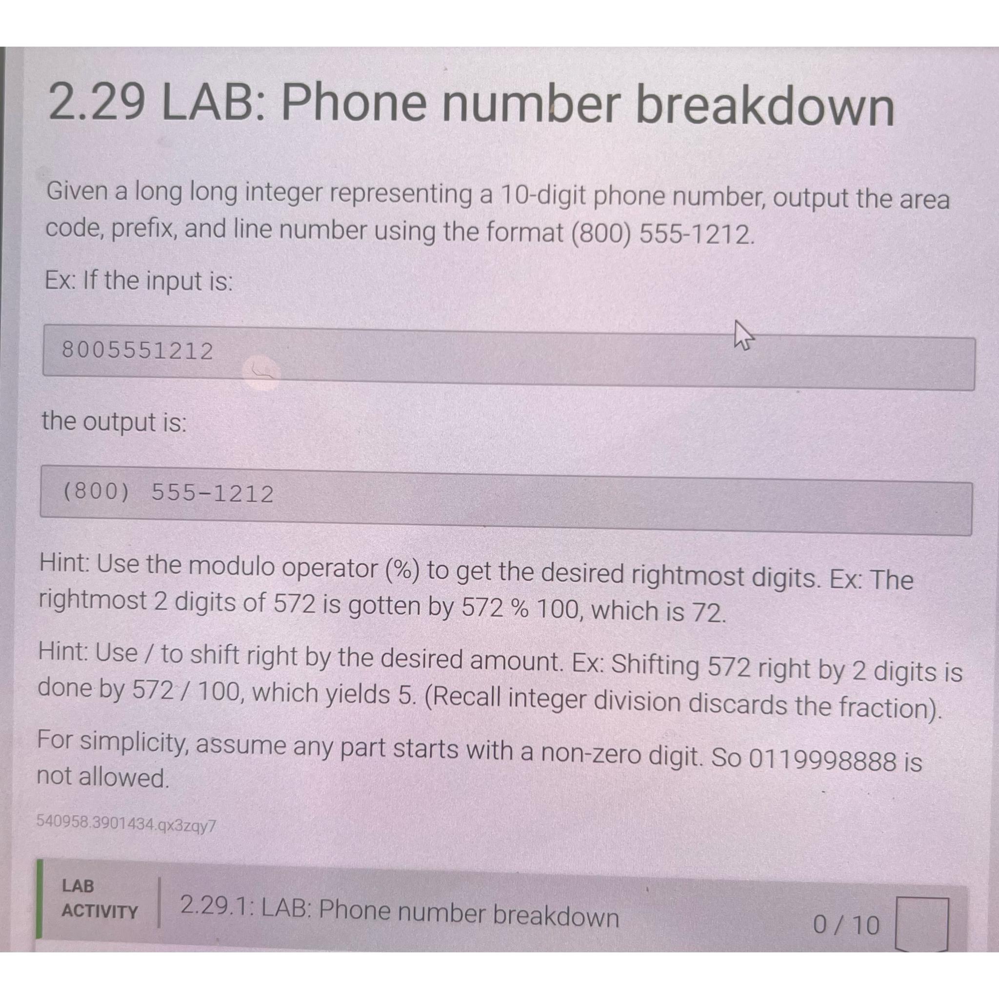 Solved 2.29 ﻿LAB Phone number breakdownGiven a long long