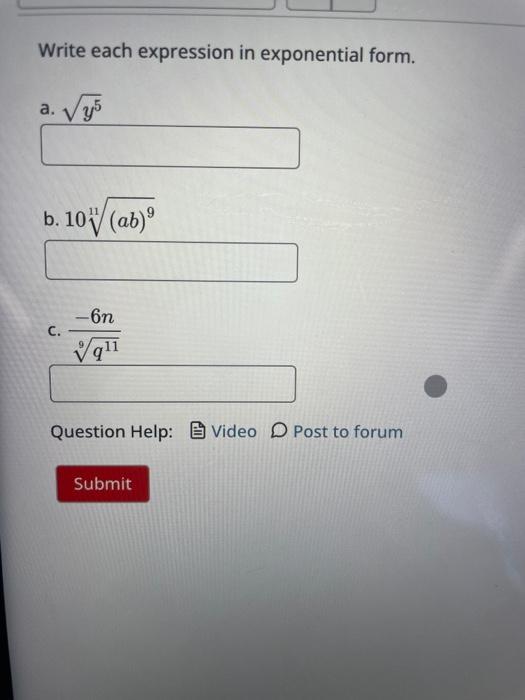 Solved Write each expression in exponential form. a. y5 b. | Chegg.com